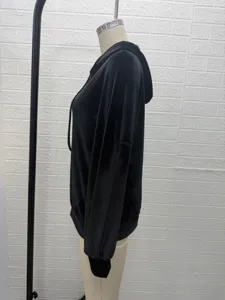 Women velvet hooded sweatshirt, solid color long sleeve casual hoodie, side view detail.