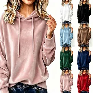 Women's Casual Velvet Hooded Pullover Hoodie Loose Long Sleeve Drawstring Sweatshirt Solid Color Autumn Winter Top