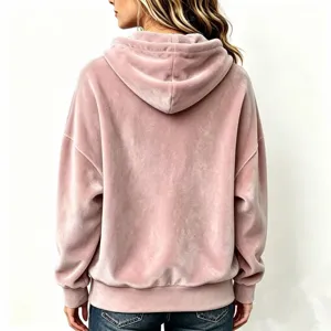 Pink velvet hoodie back view detail, soft plush fabric, comfortable long sleeve casual top.