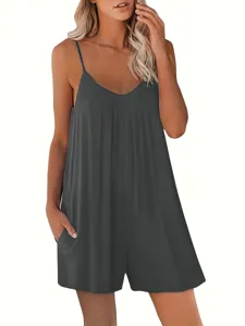 Mujer verano casual holgado color sólido tirantes spaghetti mameluco con bolsillos