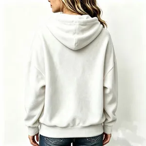 Back view detail of women solid color plush fleece hooded sweatshirt long sleeve top.