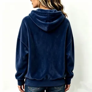 Back detail view of the dark blue velvet hooded sweatshirt, showcasing soft texture and relaxed fit.