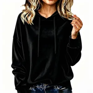 Women solid color velvet hoodie detail, long sleeve casual sweatshirt with drawstring.