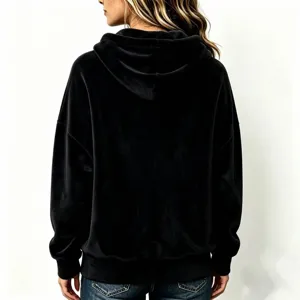 Black velvet hooded sweatshirt detail, long sleeve casual pullover top for women