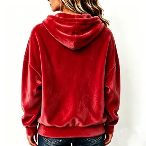 Red velvet hoodie for women, long sleeve casual pullover sweatshirt with comfortable fit.