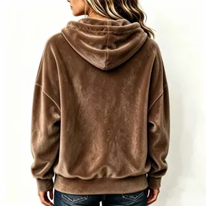 Women solid color velour long sleeve hooded sweatshirt detail back view winter fashion top.