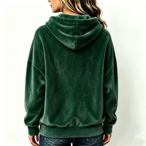 Dark green velvet hooded sweatshirt for women, casual long sleeve pullover top detail.