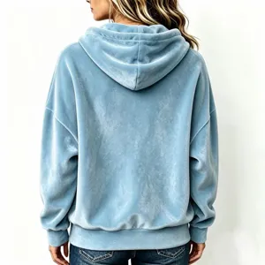 Back view detail of the solid color Korean velvet hooded long sleeve top in light blue.
