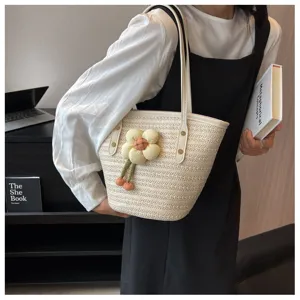 Woven straw bucket bag women large capacity summer beach shoulder bag detailed view