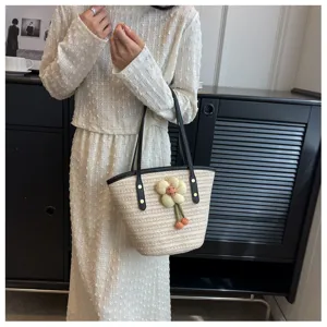 Woven straw bucket bag for women summer fashion stylish single shoulder beach handbag