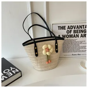 Woven straw bucket bag for women, large capacity summer beach shoulder bag with cute fabric flower.