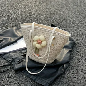 Womens Fashion Woven Straw Bucket Bag Large Capacity Casual Summer Beach Shoulder Handbag With Floral Decor
