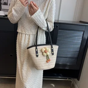 Woven Straw Bucket Bag for Women Summer Beach Shoulder Handbag with Cute Floral Accent