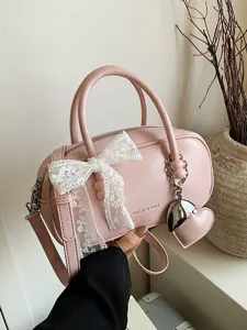 Sweet Lace Bowling Bag Women PU Leather Crossbody Bag Fashion Handbag With Bow And Heart Pendant Trendy Shoulder Bag