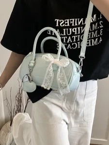 Sweet light blue patent leather bowling bag with lace bow crossbody handbag for women main view