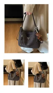 Vintage brown shoulder bag for women, large capacity casual hobo tote bag with cute bear charm.