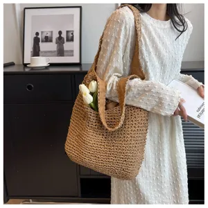 Borsa a tracolla in paglia intrecciata da donna, grande borsa secchiello da spiaggia estiva.