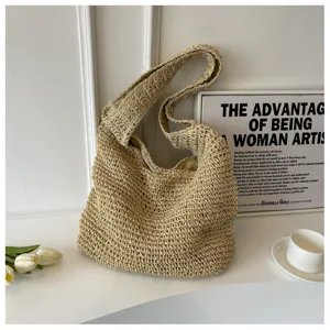 Borsa a tracolla in paglia intrecciata da donna, grande borsa da spiaggia estiva casual.