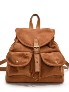 Sac à dos vintage en suédine marron pour femme, grand cartable décontracté avec poches.