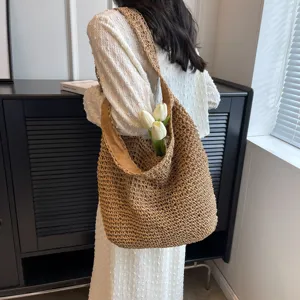 Borsa a tracolla in paglia intrecciata da donna, grande borsa estiva da spiaggia secchiello.