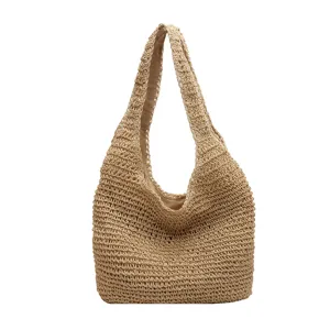 Borsa a tracolla in paglia intrecciata da donna, grande borsa a secchiello mare estiva, borsa.