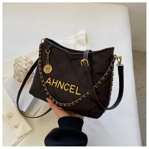 Women stylish quilted chain shoulder bag dark brown PU leather crossbody bucket bag
