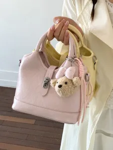 Borsa a Secchiello da Donna in Pelle PU Alla Moda Tinta Unita Tracolla a Spalla Con Pendente di Peluche Borsa Casual Street Style