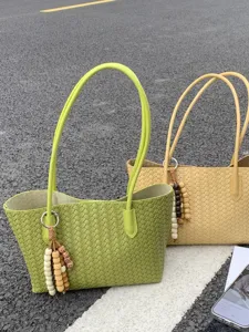 Woven Tote Bag For Women Large Capacity Handbag Minimalist PU Leather Shoulder Bag With Wood Bead Pendant Commute Bag