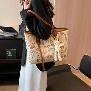 Large capacity women tote bag casual doodle shoulder bag stylish commute handbag daily use