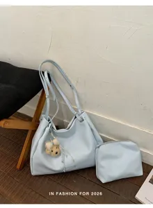 Grand sac cabas epaule en cuir PU bleu avec poche et charmant pendentif d'ours pour femme
