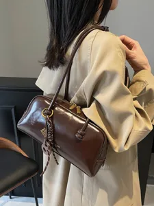 Women vintage brown patent leather shoulder bag casual commute pillow bag underarm
