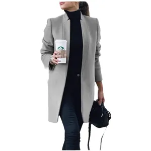 Damen einfarbiger Revers Wollmantel, elegante Herbst und Winter lässige lange Trenchcoat Jacke.