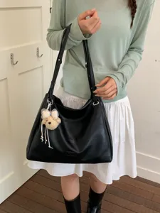 Grand sac cabas d'épaule en cuir PU noir pour femme sac de transport décontracté chic
