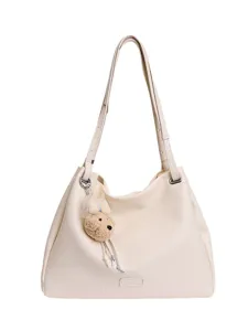 Grand sac cabas épaule pour femme beige en cuir PU sac à main fourre-tout avec pendentif ours