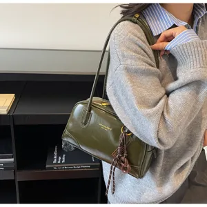 Women retro dark green patent leather underarm bag stylish autumn winter pillow shoulder bag.