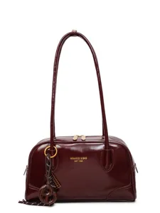 Burgundy faux leather shoulder bag for women, retro style pillow bag with long straps main view