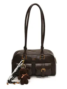 Vintage braune PU Leder Umhängetasche für Damen, große Handtasche mit Bär Anhänger.