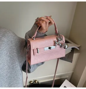 Chic pink women shoulder crossbody handbag stylish Kelly bag with silver hardware charm