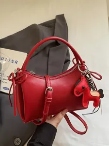Women Fashion PU Leather Crescent Handbag Vintage Solid Color Top Handle Crossbody Bag With Bow And Horse Charm Bag
