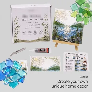 DIY Meerglas Kunst Set with bunten Glasstücken, Mini-Staffelei und Kleber für Heimdekoration.