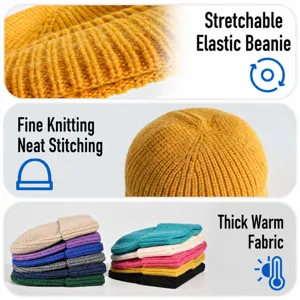 Knit beanie hat detailed view showing elastic stretch, fine stitching, and colors.