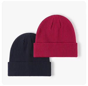 Classic ribbed knit beanie in burgundy and navy blue, perfect winter warm winter hat.