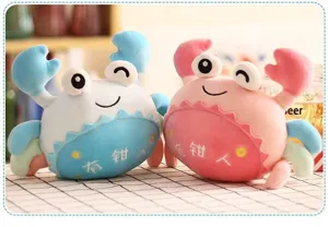 Cute plush crab toy detailed view, soft stuffed animal doll with funny text, gift item.