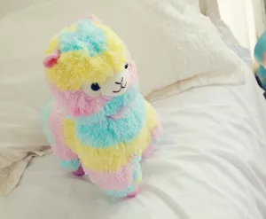 Cute rainbow alpaca plush toy with colorful stripes, soft stuffed animal llama doll.