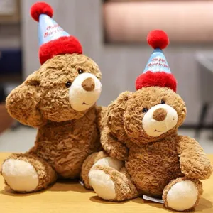 Cute Teddy Bear Plush Toy Stuffed Animal Doll With Birthday Hat Soft Short Plush PP Cotton Birthday Gift For Kids Girls