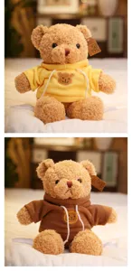 Plush teddy bear toy detail view showing cute hooded sweatshirt and soft furry texture.