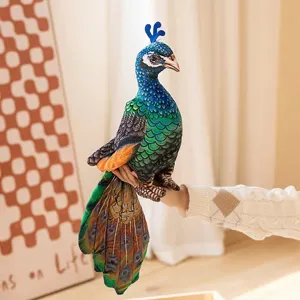 Detailed close-up shot of the realistic peacock plush toy, showcasing vivid feather textures.