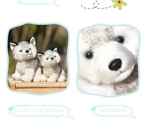 Cute simulated husky plush toy detail shot, soft puppy doll showcasing adorable facial expression.