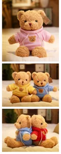 Cute plush teddy bear toy with colorful hooded sweatshirt, soft stuffed animal doll for kids.