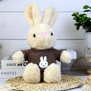 Cute plush rabbit toy with brown knit sweater, soft stuffed animal doll for kids gifts.